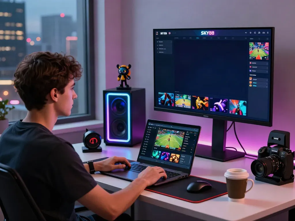 Engaging online gaming scene showcasing the SKY88 platform on a modern desk, featuring vibrant gaming accessories and a city view.