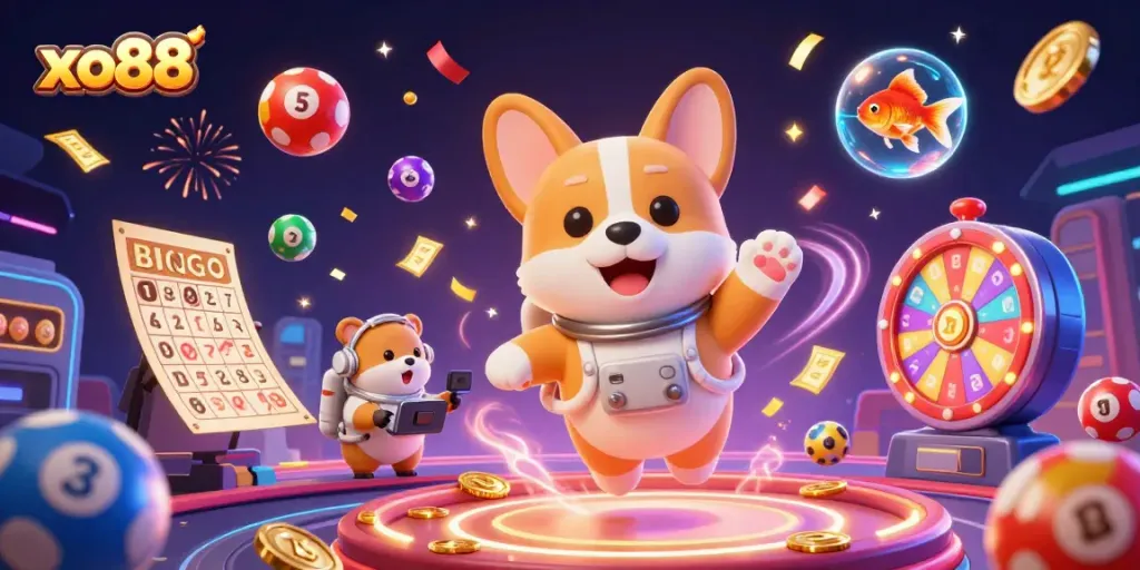 Experience thrilling gameplay at xo88 with an astronaut corgi floating in a casino space, surrounded by vibrant lottery elements.