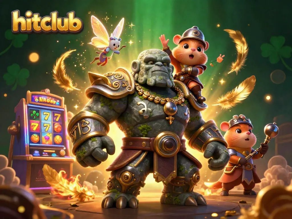 Experience the excitement of hitclub in this dynamic 3D casino illustration featuring a golem guardian, fairy, and hamster knight.