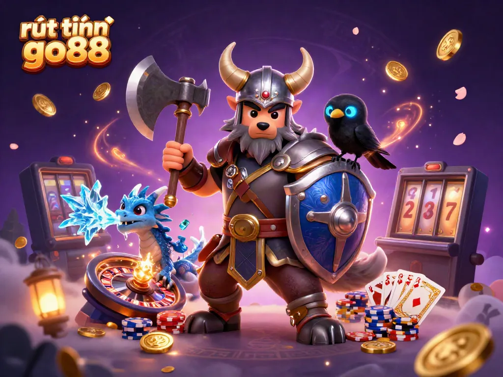 Experience rút tiền go88 with a vibrant 3D scene featuring a Viking wolf, dragon, and raven among casino elements.