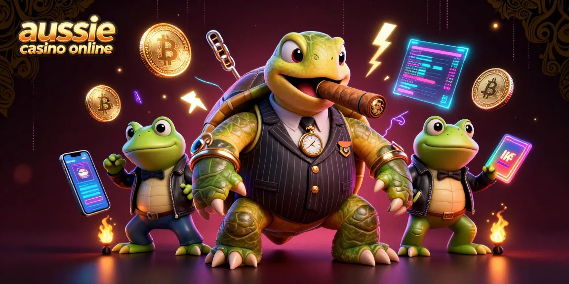 Enjoy playing at the aussie casino online with vibrant graphics featuring a turtle and bullfrogs.