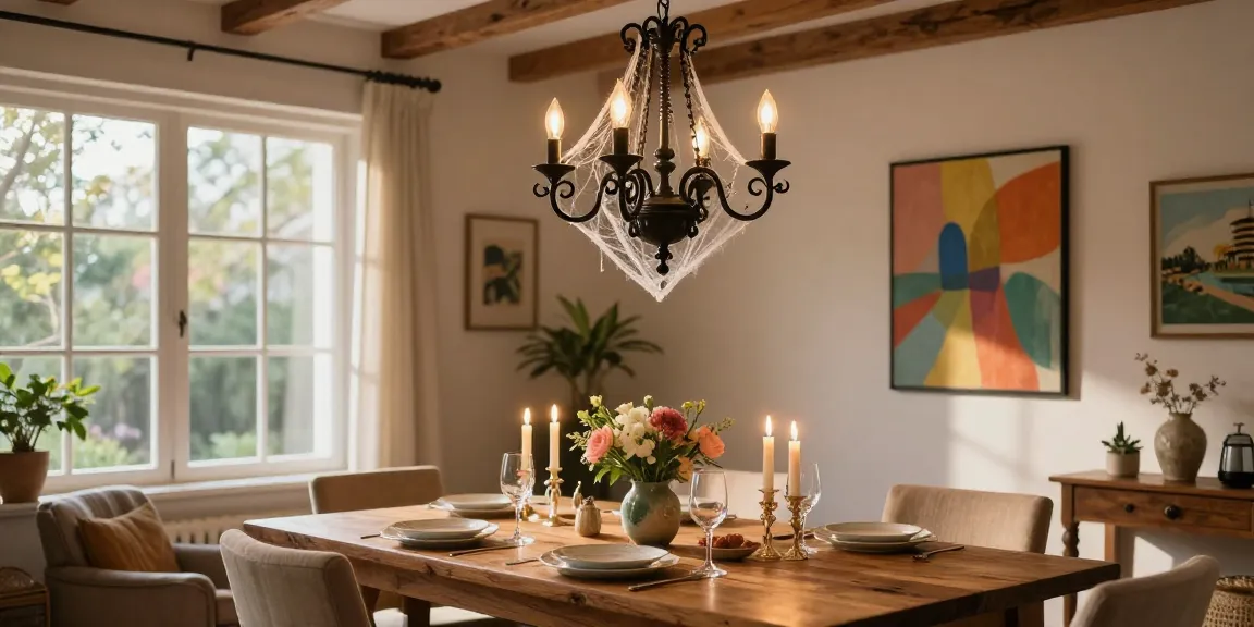 Elegante lampara de araña iluminando un comedor rústico con una cálida atmósfera.