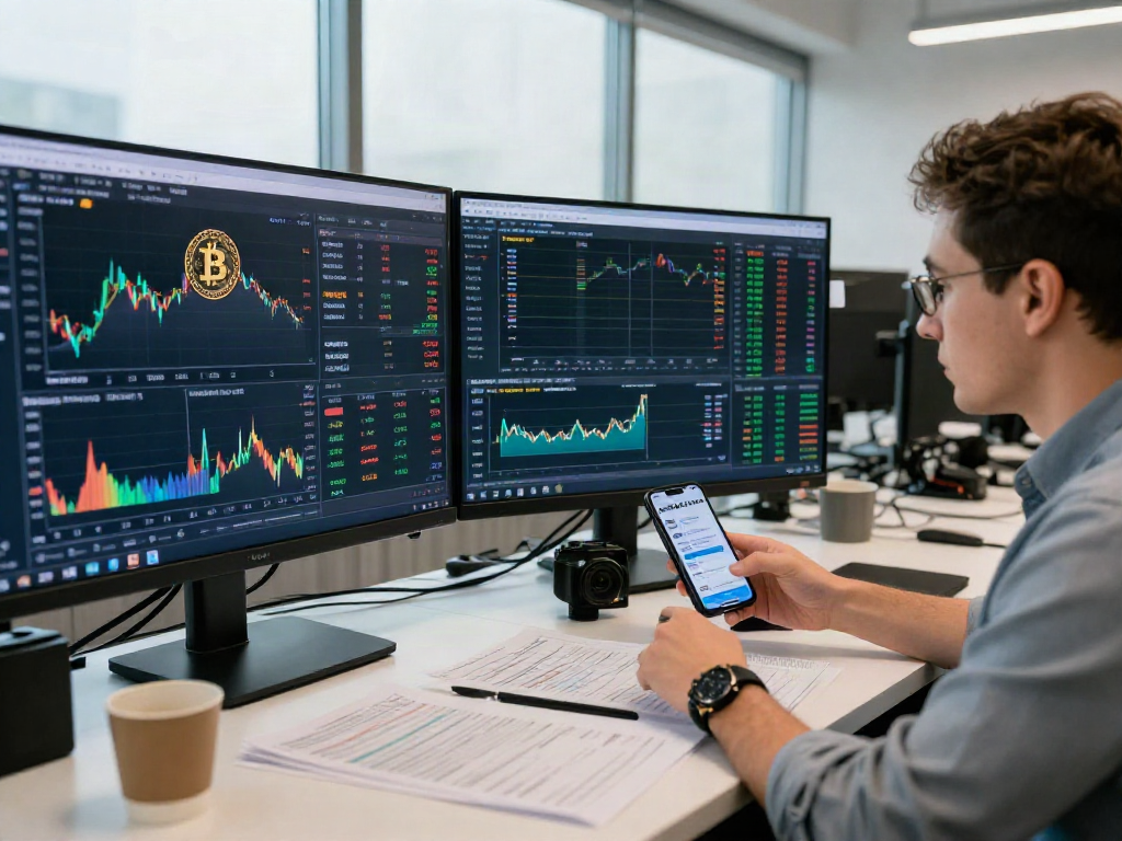 Analizando la tasa de cambio de bitcoin a dólar en una oficina moderna.