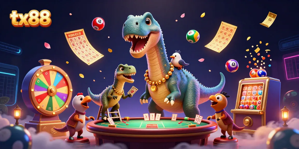 tx88 showcases a whimsical brontosaurus in a lively casino scene, dealing cards and surrounded by colorful game elements.
