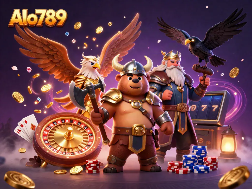 Experience vibrant casino excitement with Alo789 featuring a Viking berserker bear and golden gems.