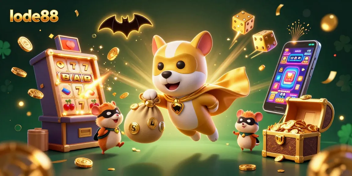 Experience a thrilling lode88 adventure with a superhero dog and hamster amidst vibrant casino elements.