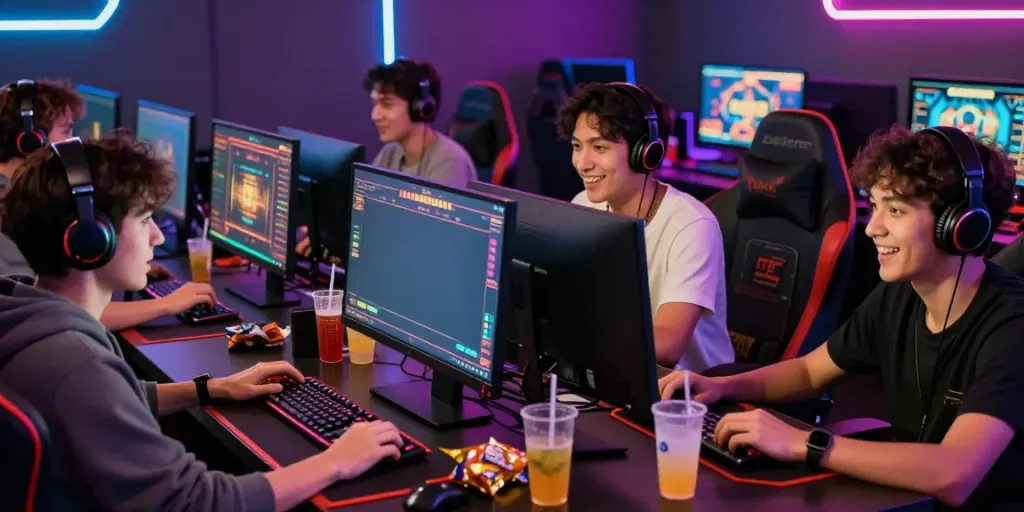 Engaging scene at https://du88az.net/ showing friends enjoying online gaming with neon lights and snacks.