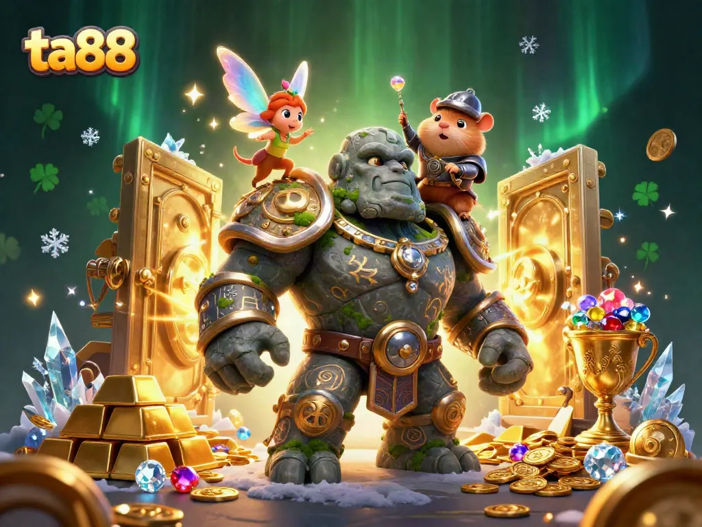 Experience exhilarating game wins at ta88 with a vibrant scene showcasing a magical guardian, fairy, and hamster knight.