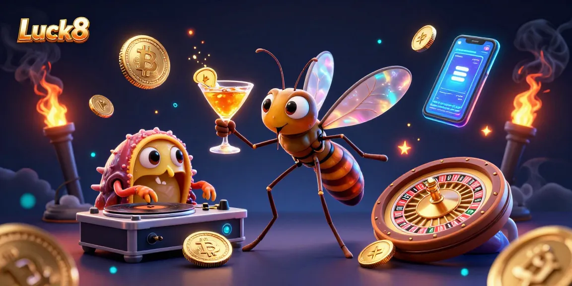 Experience excitement at Luck8 casino with a 3D mosquito mascot and a trilobite DJ amidst vibrant game elements.