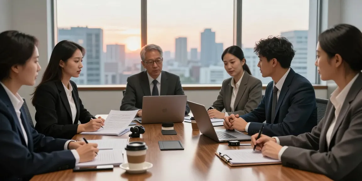 Law professionals discussing his explanation of legal cases in a modern office setting