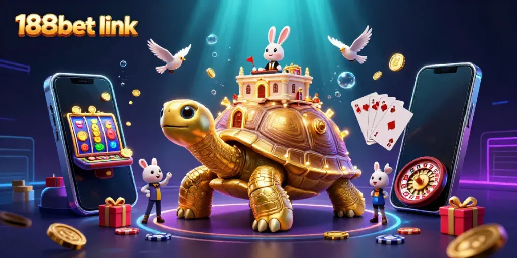 Play with the 188bet link in a vibrant casino scene featuring a gold tortoise and a rabbit dealer.