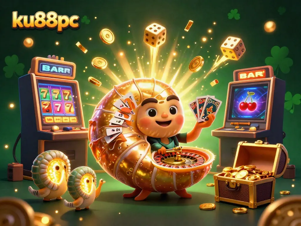 Experience thrilling wins at ku88pc with colorful slot machines and a giant nautilus roulette wheel.
