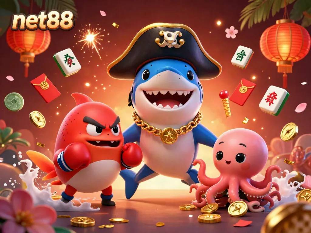 Experience the thrill of gaming at net88 with a vibrant illustration featuring animated characters and casino elements.