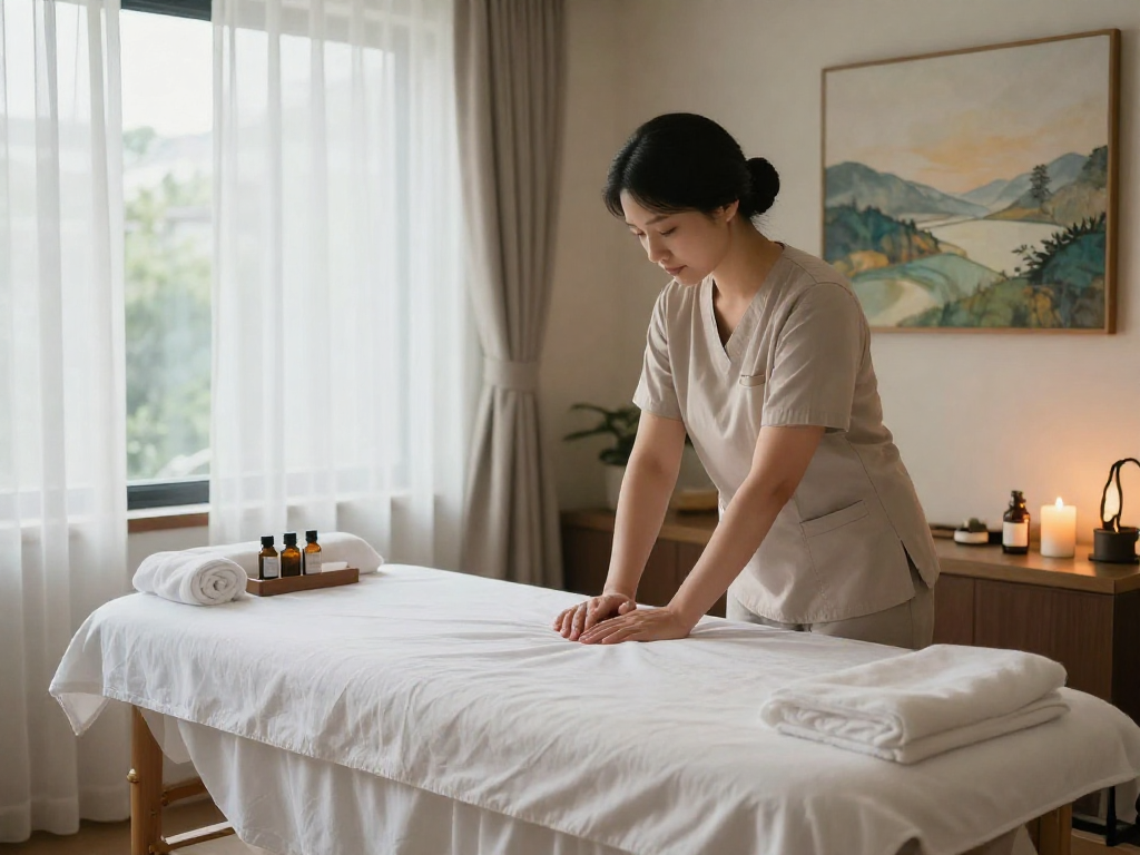 Calm home massage setting emphasizing 오산출장안마 with professional therapist preparing a serene environment.
