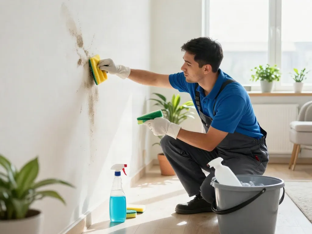 Servicio de limpieza y desinfección de moho en Barcelona con técnico profesional eliminando manchas de moho.
