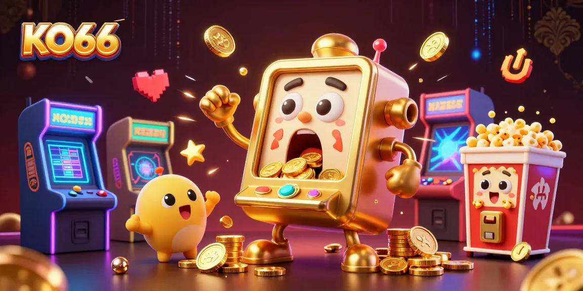 KO66 slot machine character hits jackpot with excited smaller machines, exuding casino energy.