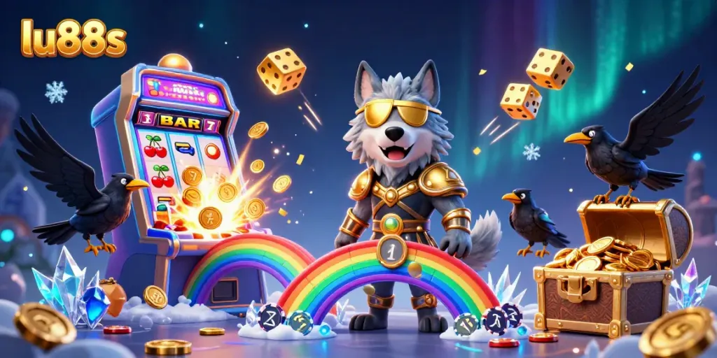 Experience exciting wins with lu88s; Odin wolf and ravens celebrate with casino symbols!