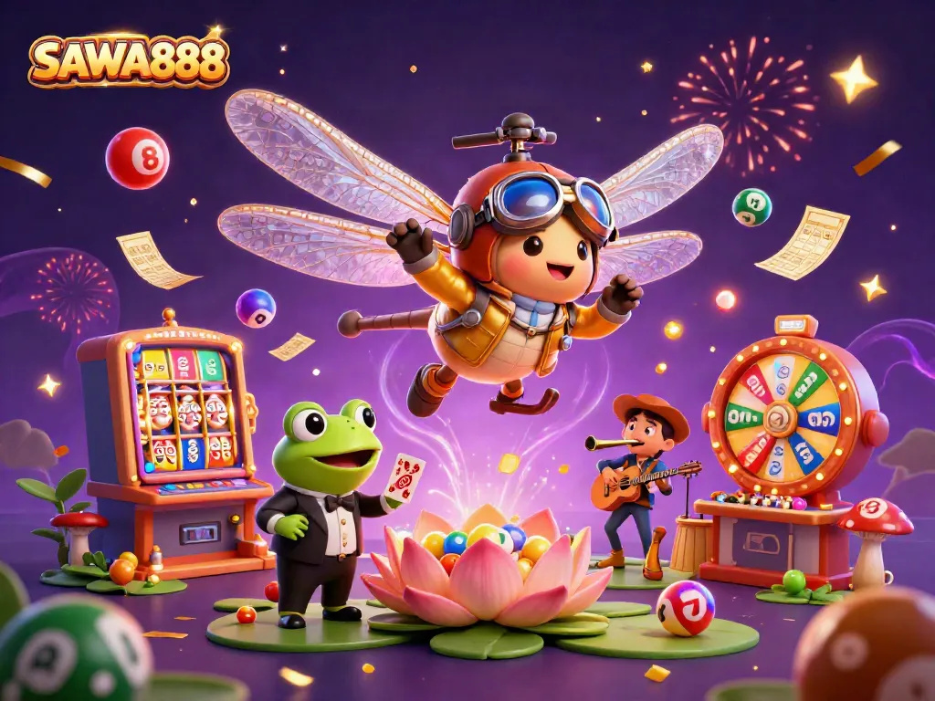Experience the excitement of SAWA888's vibrant casino scene with a dragonfly pilot and gambling elements!