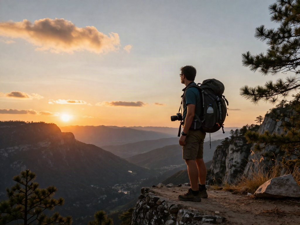 A traveler at rokok88 viewpoint overlooking a scenic sunset landscape, embodying the spirit of adventure and exploration.