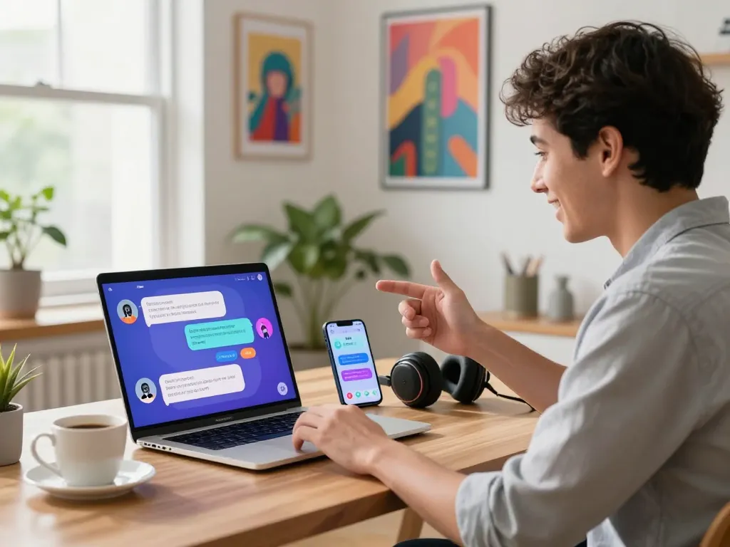 Engaging spicy AI chatbot interaction scene in a modern home office.
