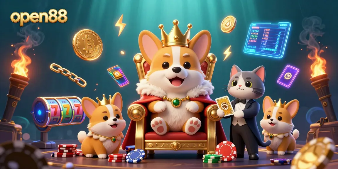 Explore exciting games at open88, featuring a vibrant casino scene with corgi royalty and crypto elements.