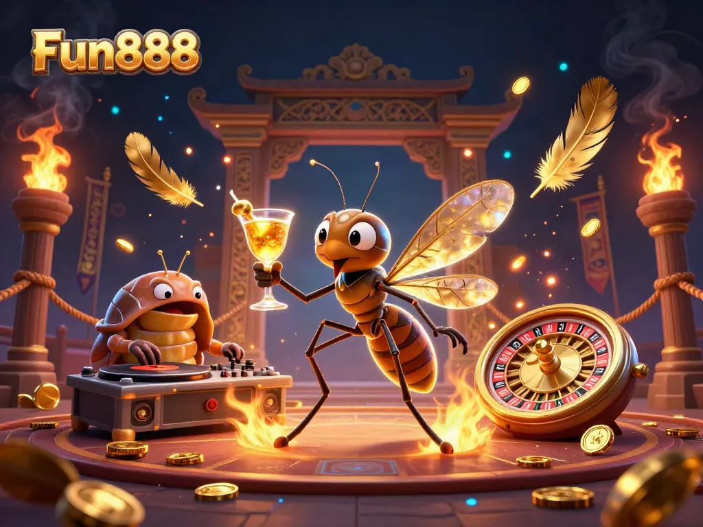 Fun888 casino illustration with vibrant characters and elements showcasing excitement in gambling.