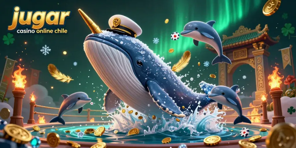 Disfruta jugar casino online chile con una ilustración de una ballena gigante y delfines en un mar de monedas.