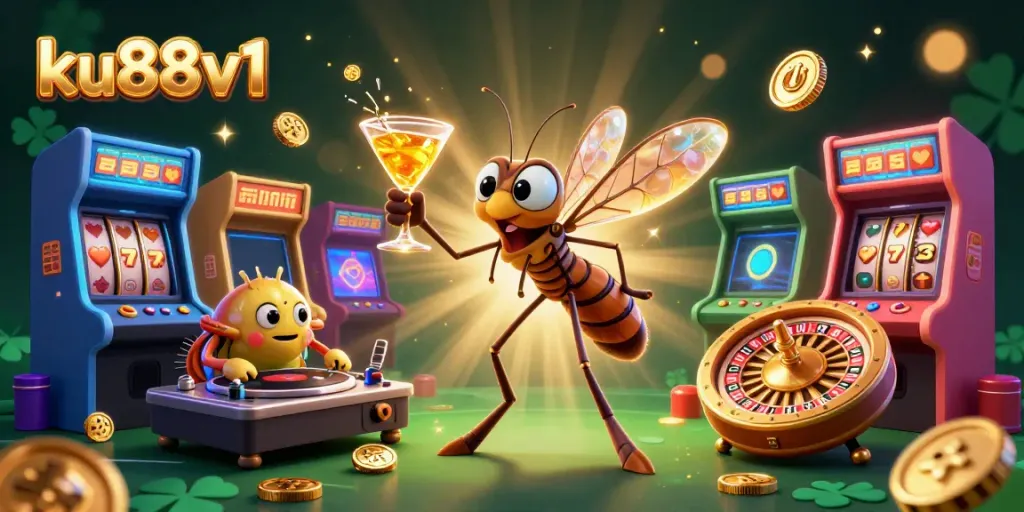 Engage in thrilling gameplay at ku88v1 with a lively casino illustration showcasing energetic characters and casino elements.