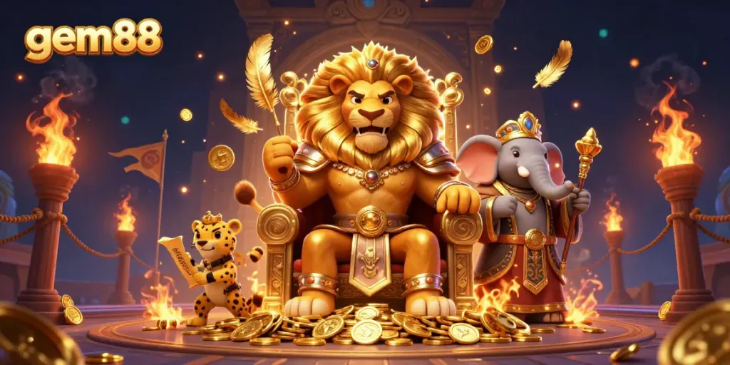 Witness the fierce lion king at gem88, surrounded by thrilling betting action!
