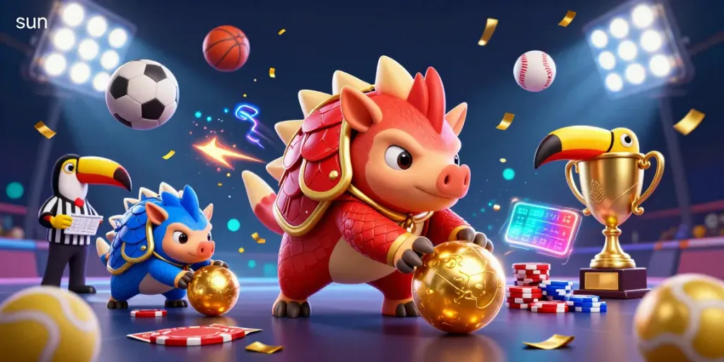 Engage with the vibrant colors of the sun while competing pangolins roll golden balls in a dynamic casino scene.