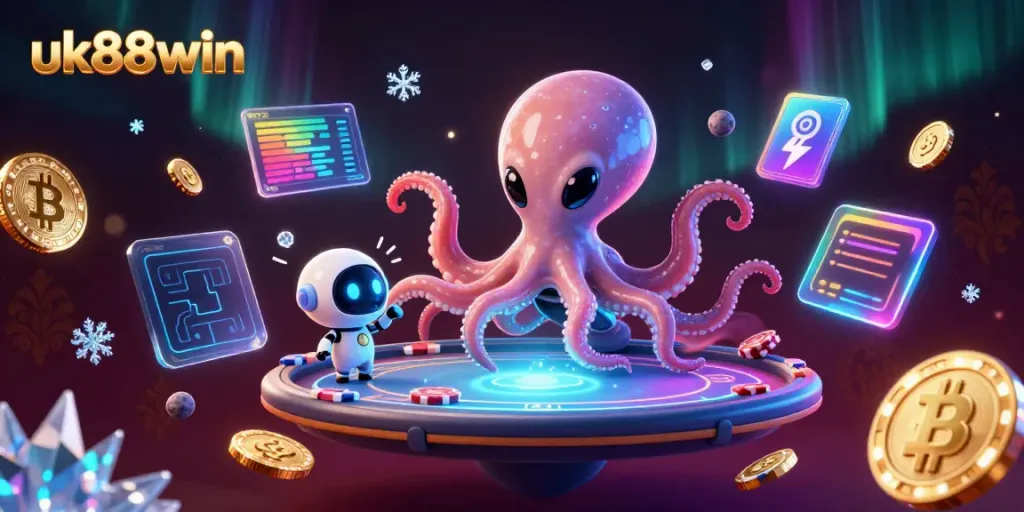 Experience the excitement of uk88win as an alien octopus hosts a holographic poker game in space.