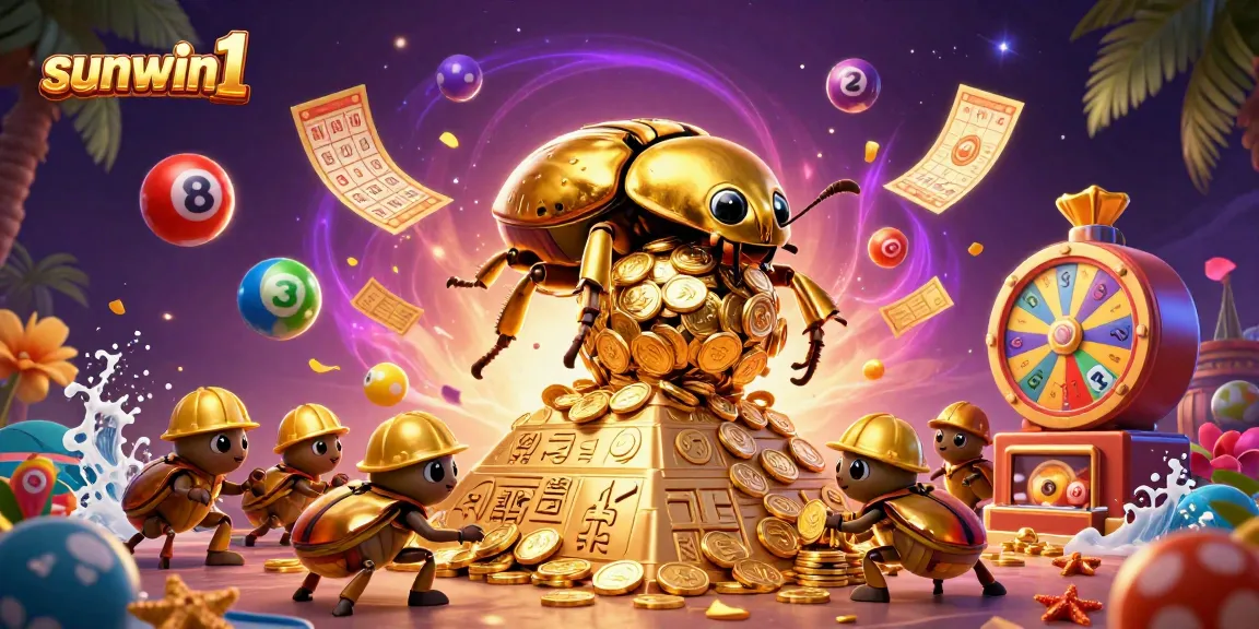 Join the excitement at sunwin1 with golden beetles and vibrant gambling elements in a dynamic casino scene