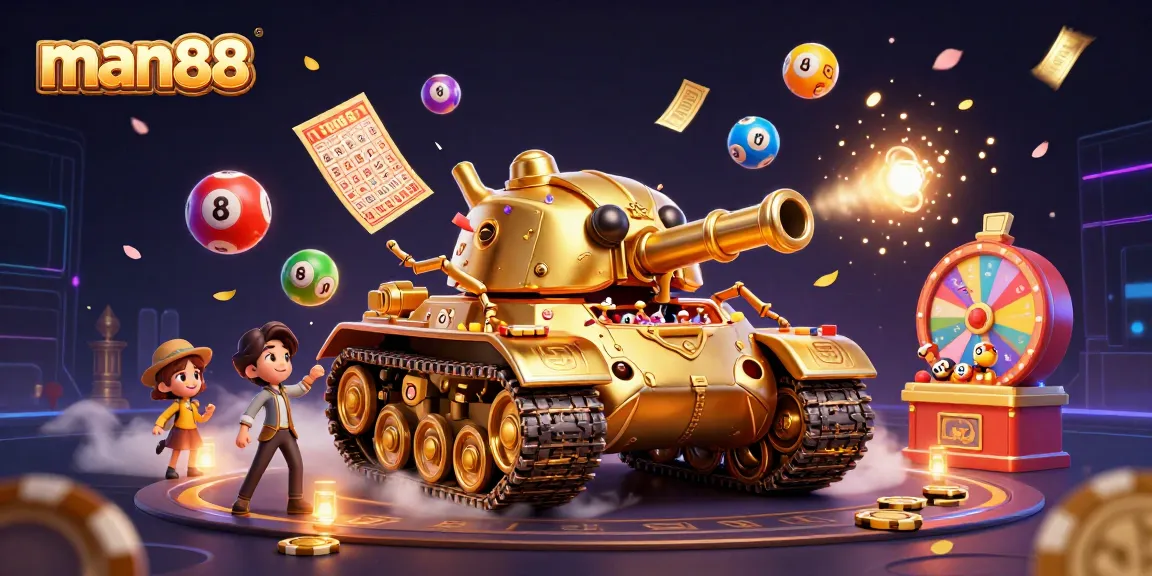 Experience the thrill of man88 with a vibrant casino-themed illustration bursting with action.