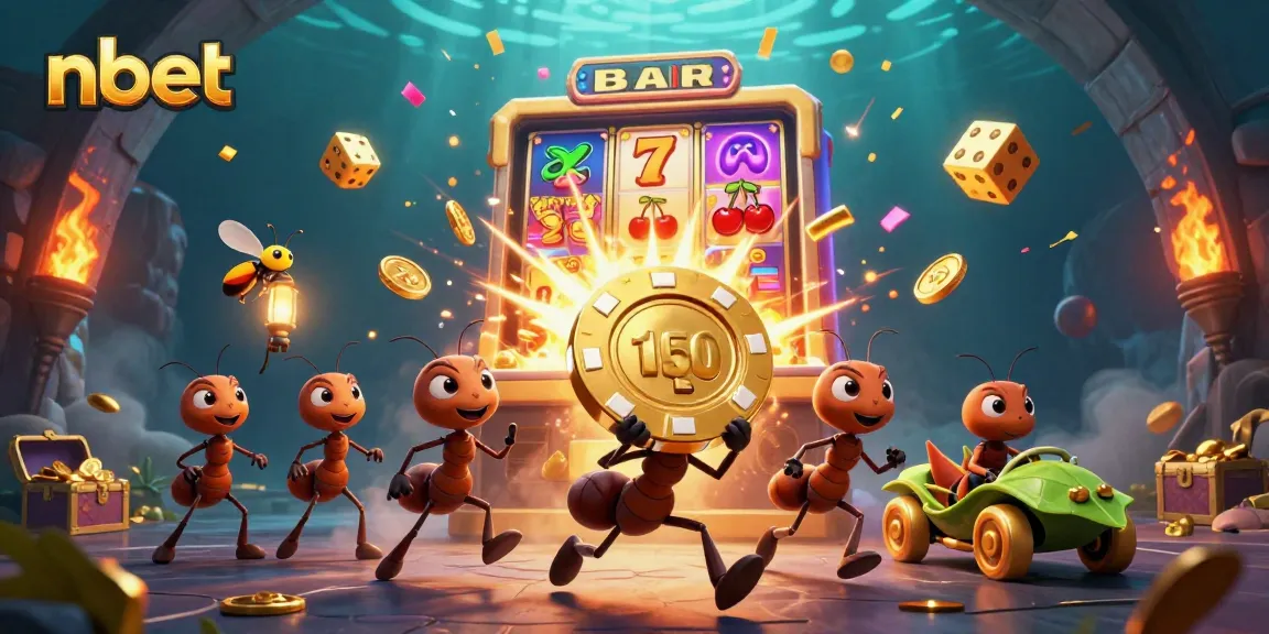 Experience the exciting world of nbet as ants carry a giant poker chip amidst vibrant casino elements.