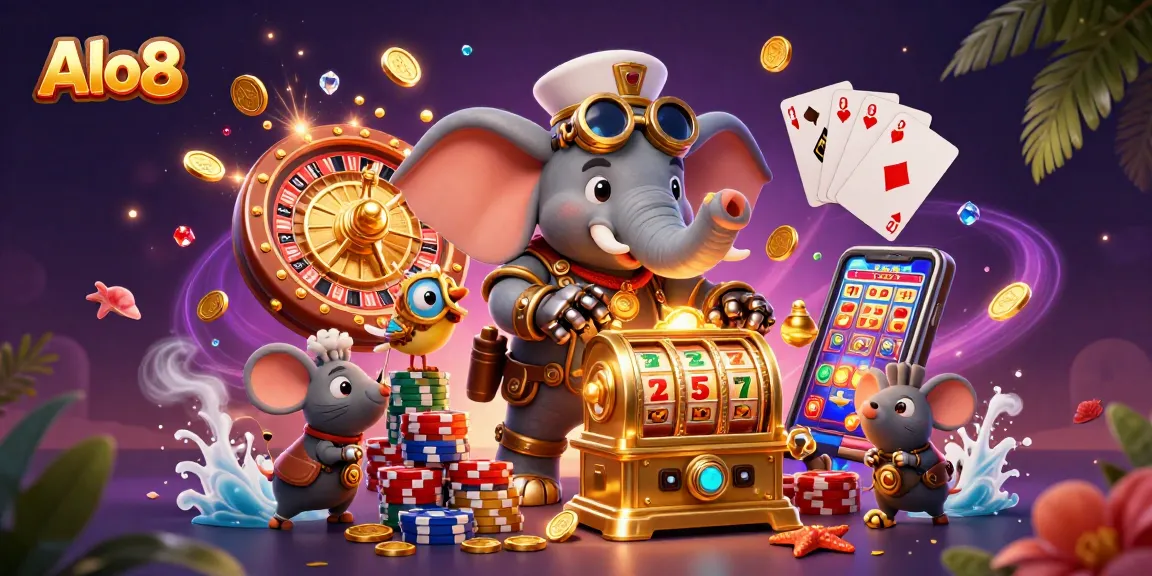 Experience the thrill of Alo8's slots as a steampunk elephant spins a jackpot machine in a vibrant casino world.