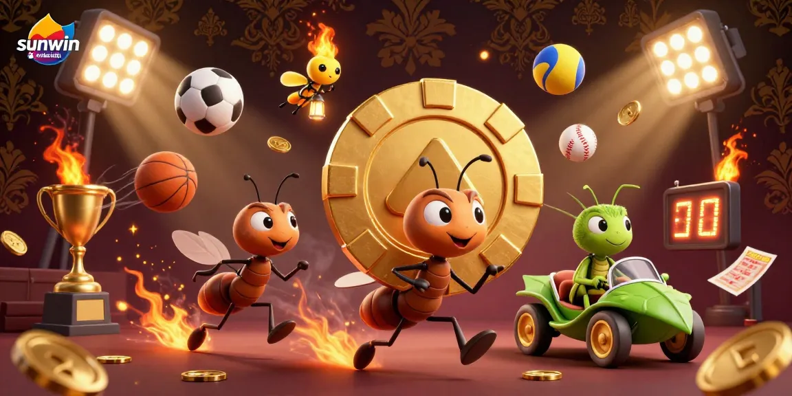 Ants carrying a giant poker chip in a rich 3D scene about sunwin chính thức, filled with vibrant casino elements.