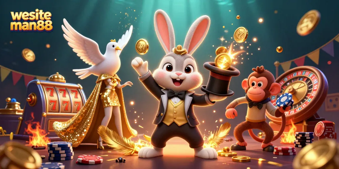 Experience the magic of wesite man88 with a captivating casino scene featuring a magician rabbit, dove, and monkey.