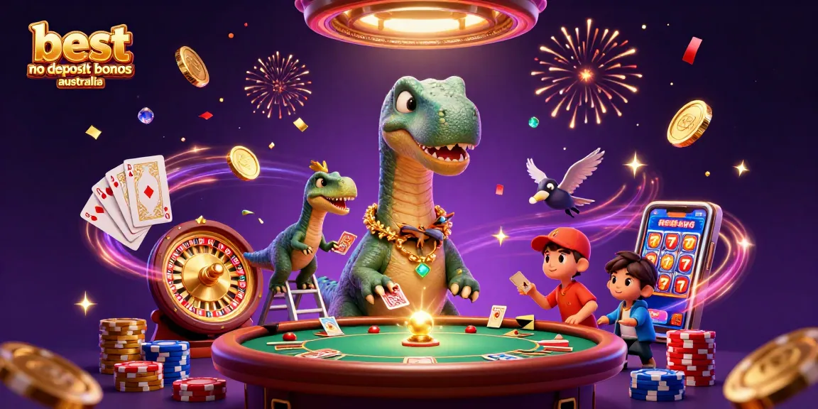 Play slots with the best no deposit bonus Australia, featuring a dinosaur and vibrant casino elements.