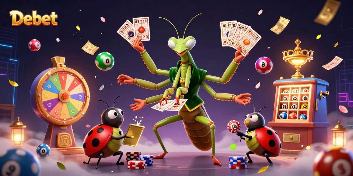 Debet illustration showcasing a giant mantis dealing cards while colorful lottery elements surround the action.