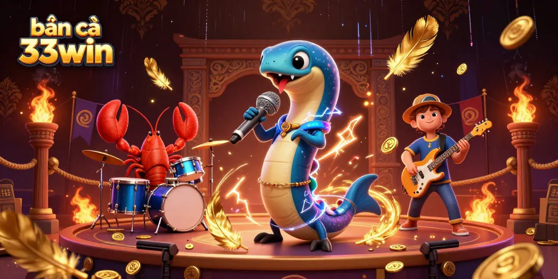 Bắn cá 33win showcases a dynamic underwater casino scene with a DJ eel and vibrant sea creature band, enhancing your gaming experience.