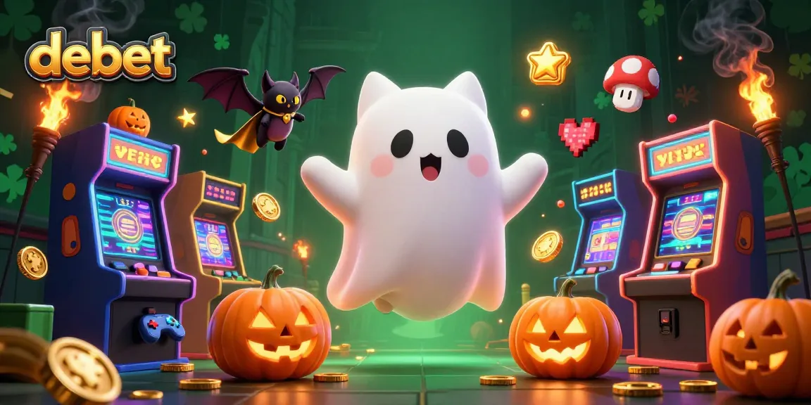 Win big at debet while a ghost cat haunts a spooky casino with arcade machines and glowing pumpkins.