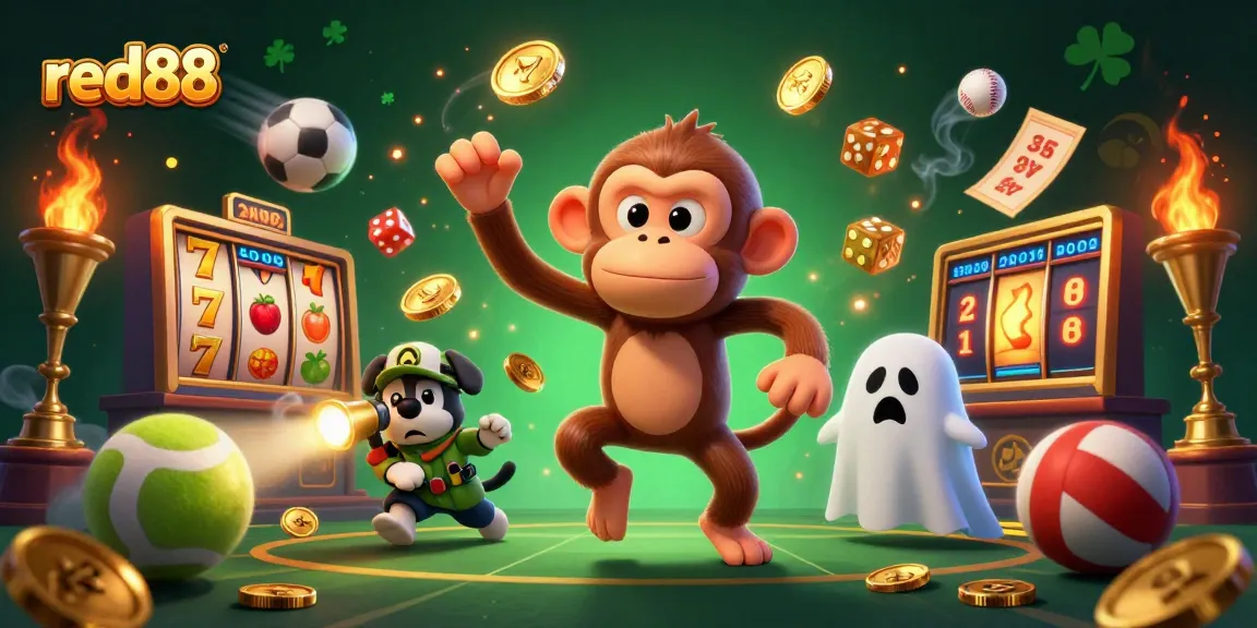 Experience the excitement of red88 in this vibrant 3D illustration featuring playful ghosts and classic casino elements.