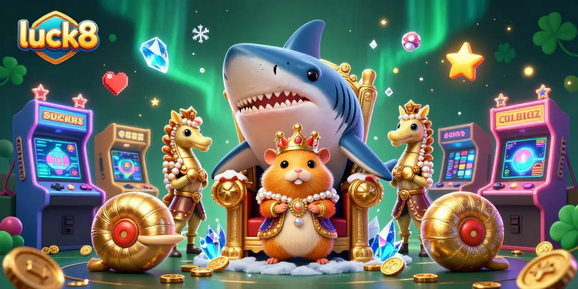 Engage with luck8's vibrant gaming scene featuring a golden hamster king among arcade games.