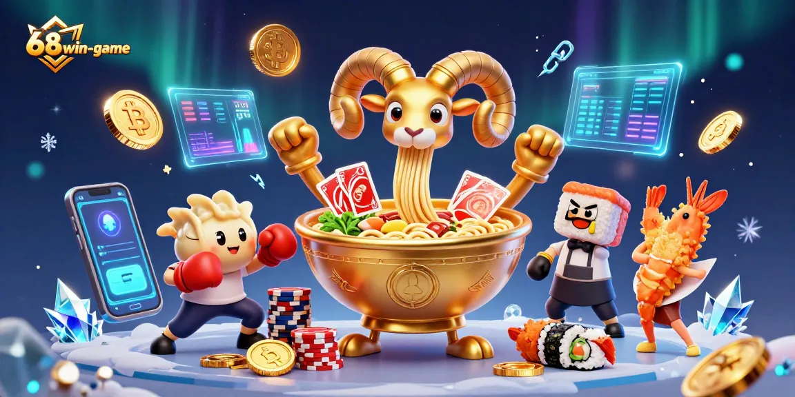 Experience the excitement of 68win-game with dynamic noodle-themed gambling characters.