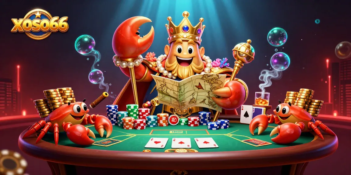 Engage in thrilling games at xoso66 with a vibrant 3D illustration of a golden crab emperor and poker action.