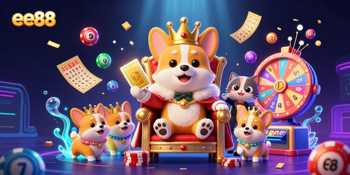 Experience the thrill of ee88 with a royal corgi on a poker chip throne amid vibrant lottery excitement.
