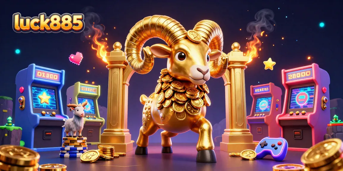 Engage with luck885 at an exciting virtual casino, spotlighting a golden ram charging a gateway of games.