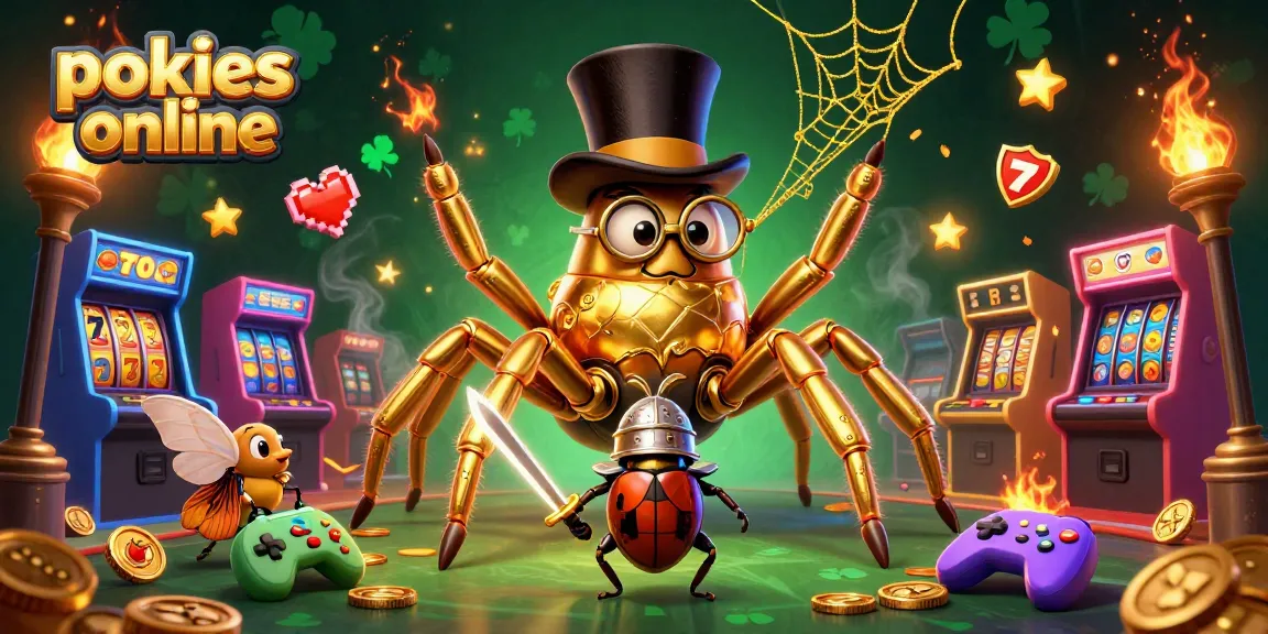Engage with pokies online in this vibrant scene filled with a golden tarantula, knights, and gaming elements.