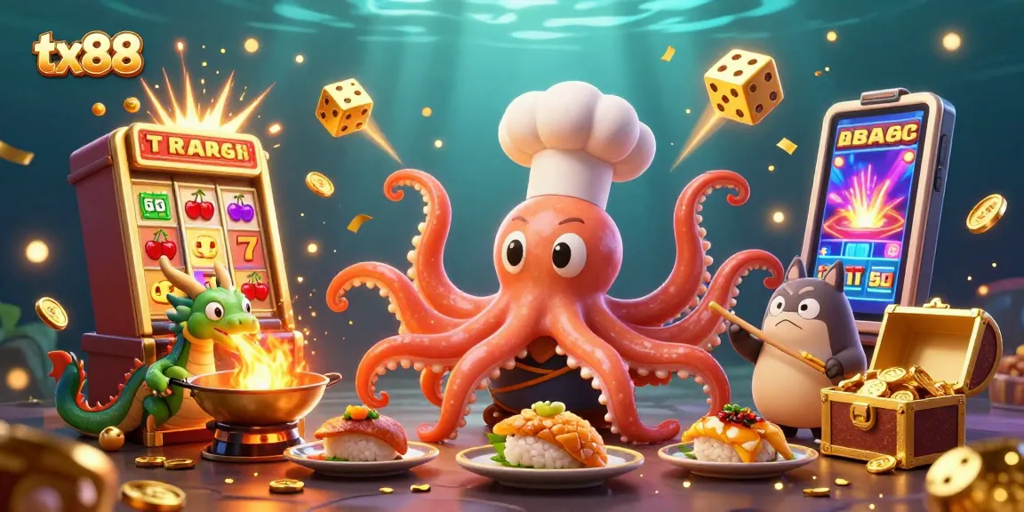 Experience excitement at tx88 with a dynamic 3D casino scene featuring an octopus chef and engaging game elements.