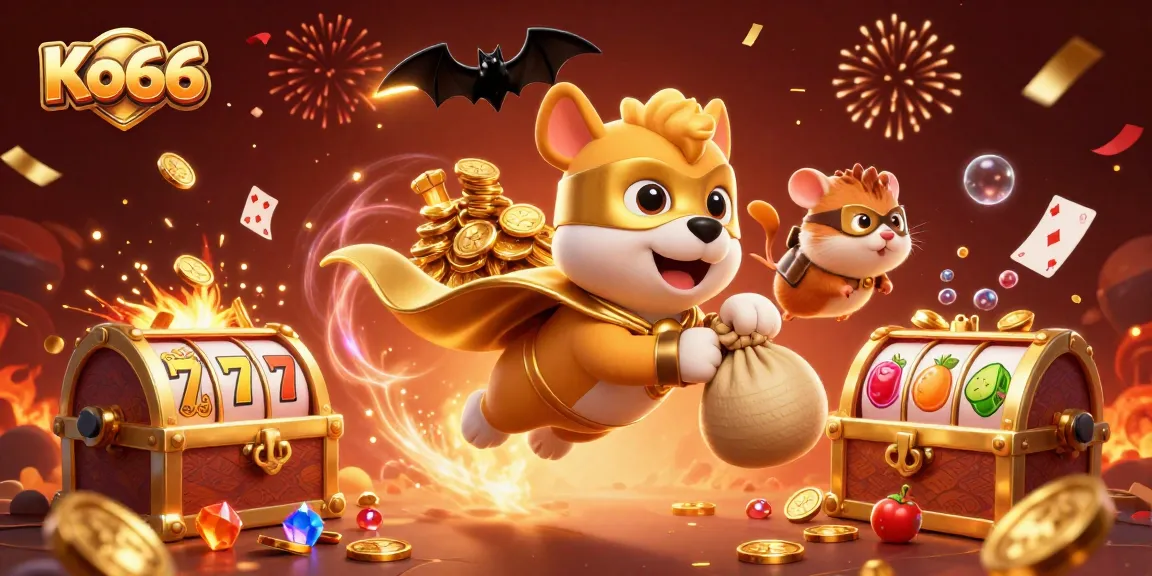 Experience exciting gaming at Ko66 with a heroic dog and hamster in a lively casino scene.